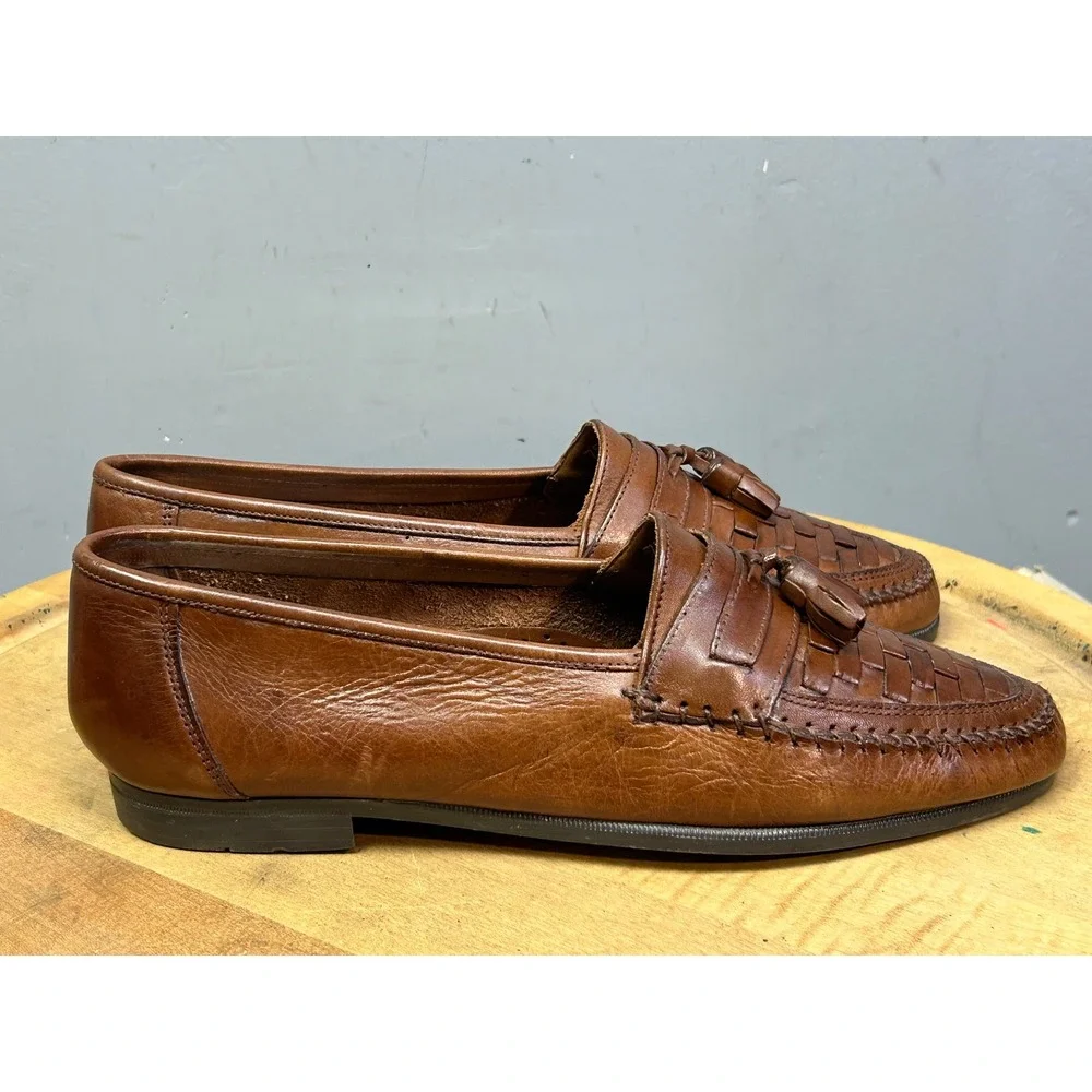 Oleg Cassini Loafers Mens 9.5 Brown Woven Tassel Leather Dress Shoes Office